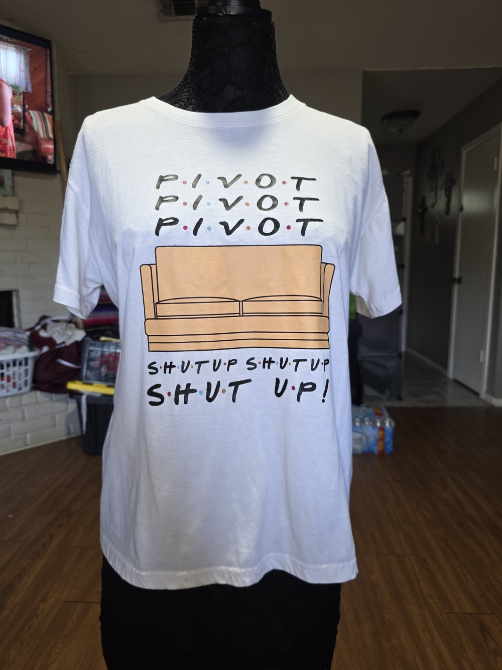 Men's White Graphic 'Pivot' Tee with Peach Couch Print